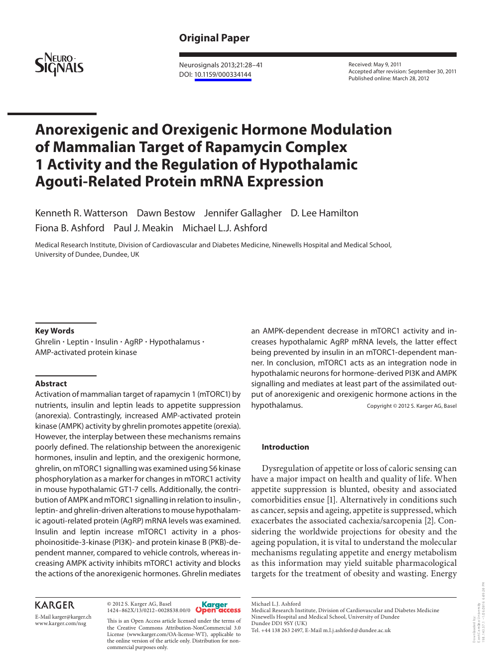 Anorexigenic And Orexigenic Hormone Modulation Of Mammalian Target Of Rapamycin Complex 1 Activity And The Regulation Of Hypothalamic Agouti Related Protein Mrna Expression Topic Of Research Paper In Biological Sciences Download Scholarly