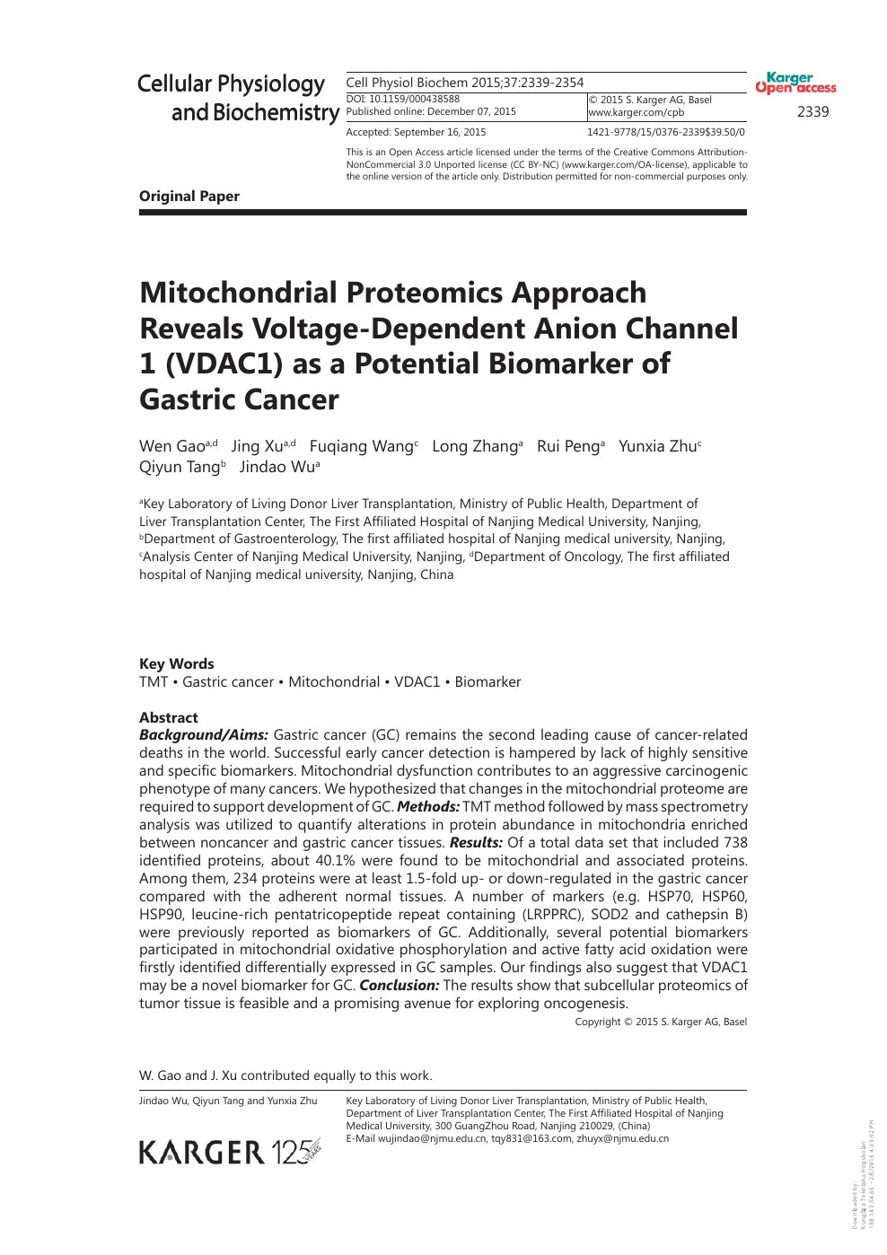 Mitochondrial Proteomics Approach Reveals Voltage Dependent Anion Channel 1 Vdac1 As A Potential Biomarker Of Gastric Cancer Topic Of Research Paper In Biological Sciences Download Scholarly Article Pdf And Read For Free