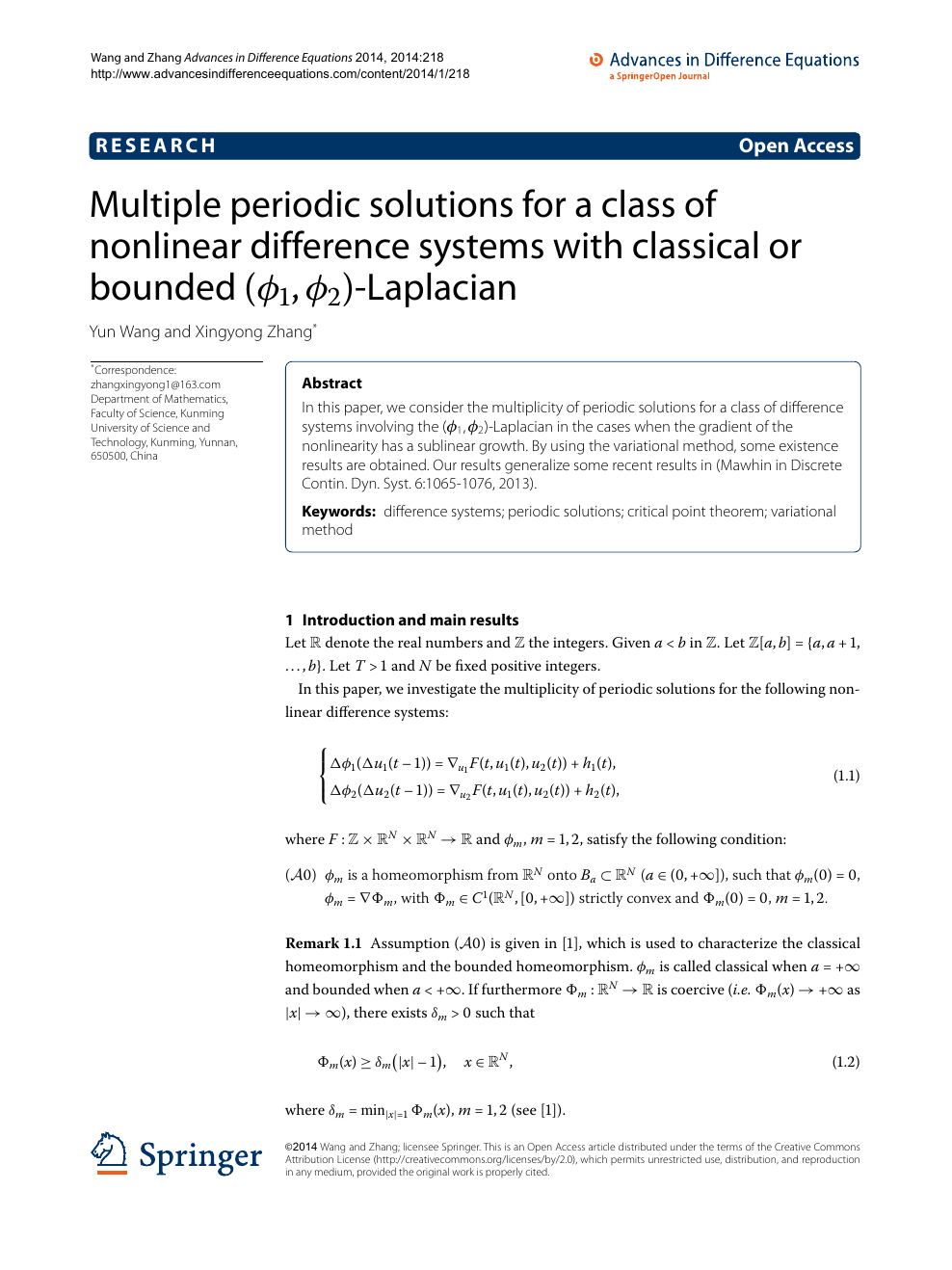 Multiple Periodic Solutions For A Class Of Nonlinear Difference Systems With Classical Or Bounded ϕ1 ϕ2 Laplacian Topic Of Research Paper In Mathematics Download Scholarly Article Pdf And Read For Free On Cyberleninka