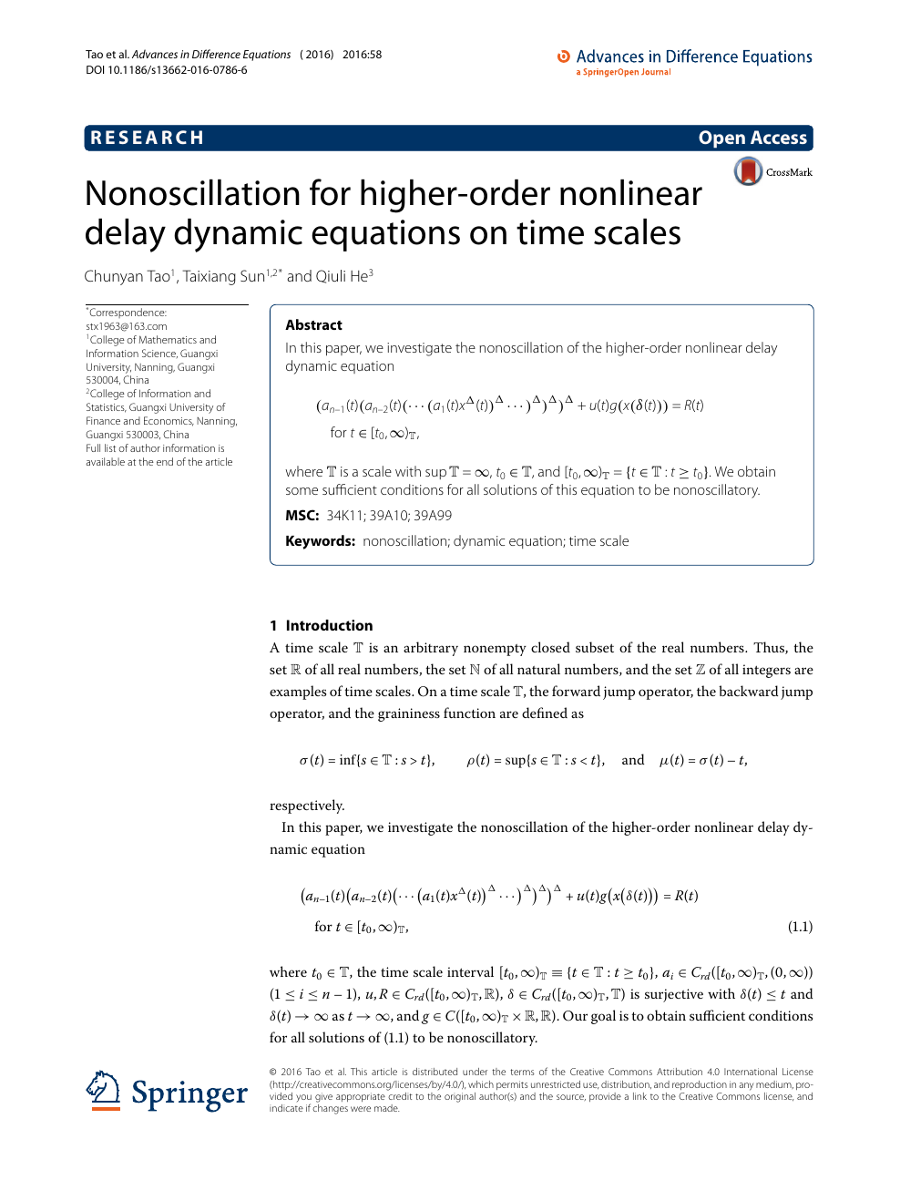 Nonoscillation For Higher Order Nonlinear Delay Dynamic Equations On Time Scales Topic Of Research Paper In Mathematics Download Scholarly Article Pdf And Read For Free On Cyberleninka Open Science Hub