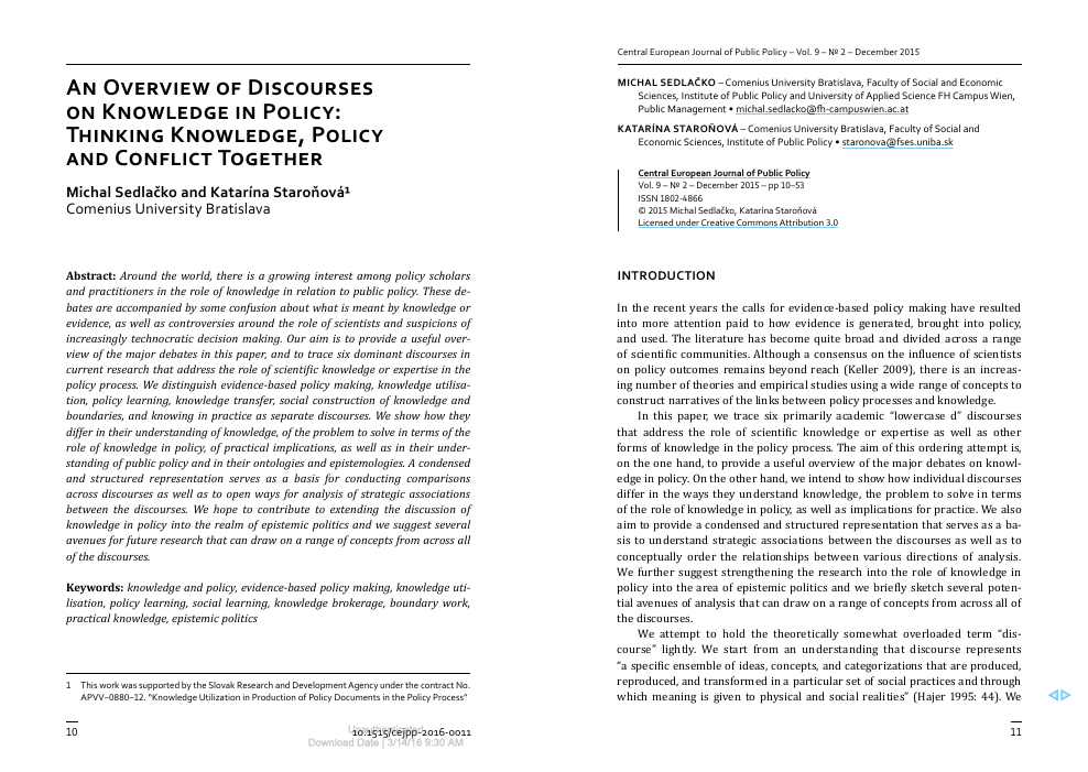 An Overview Of Discourses On Knowledge In Policy Thinking Knowledge Policy And Conflict Together Topic Of Research Paper In Social And Economic Geography Download Scholarly Article Pdf And Read For Free