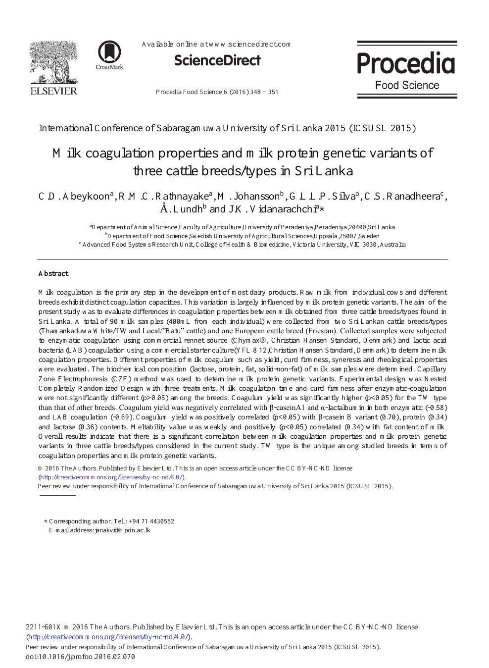 Milk Coagulation Properties And Milk Protein Genetic Variants Of Three Cattle Breeds Types In Sri Lanka Topic Of Research Paper In Agriculture Forestry And Fisheries Download Scholarly Article Pdf And Read For