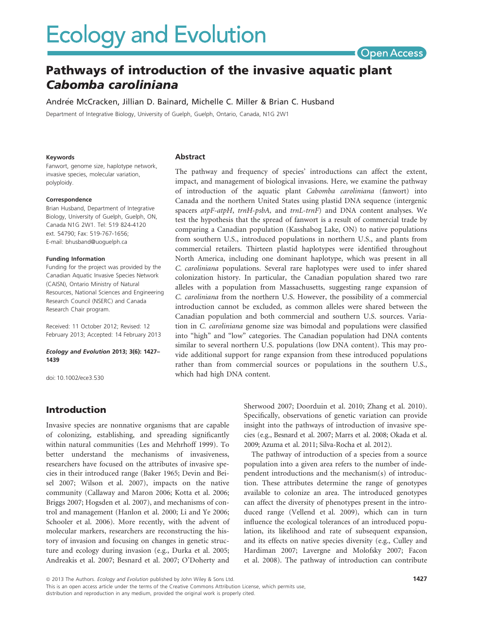 Pathways Of Introduction Of The Invasive Aquatic Plant Cabomba