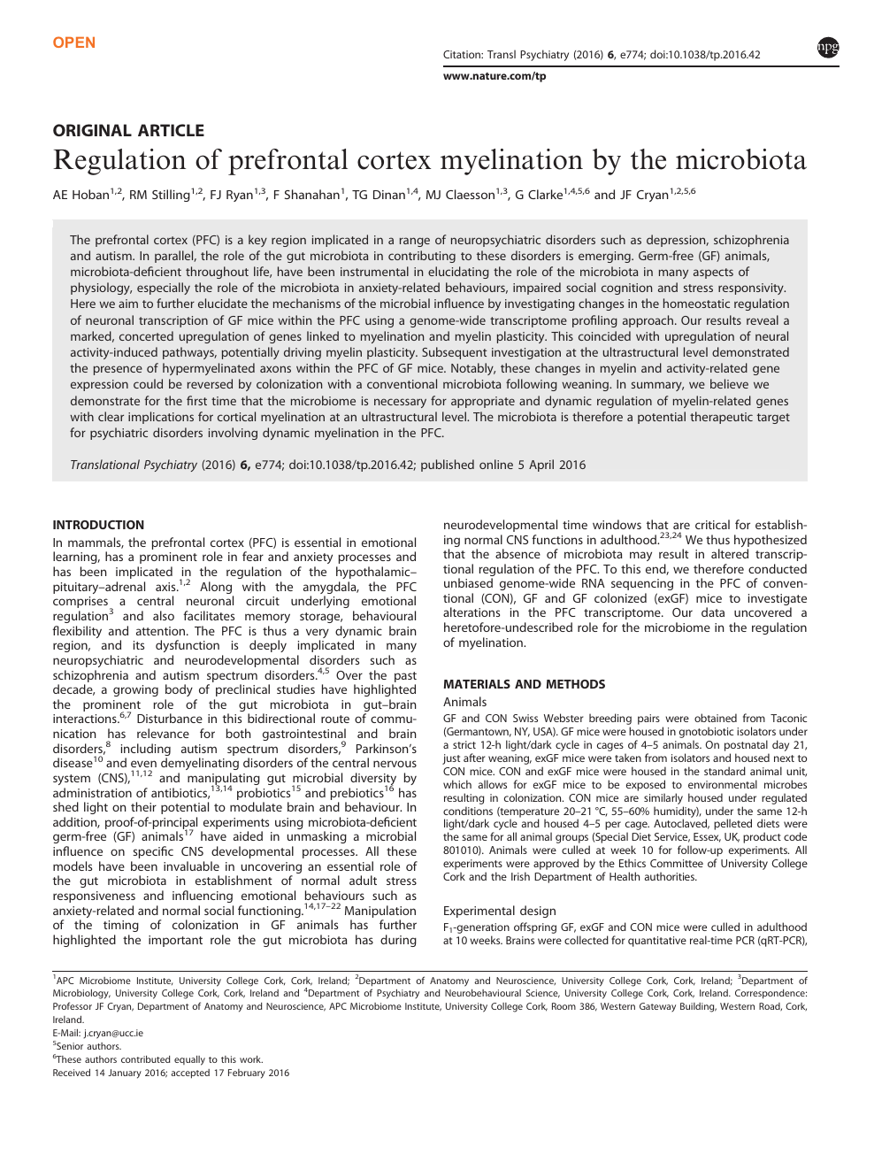 Regulation Of Prefrontal Cortex Myelination By The Microbiota Topic Of Research Paper In Biological Sciences Download Scholarly Article Pdf And Read For Free On Cyberleninka Open Science Hub