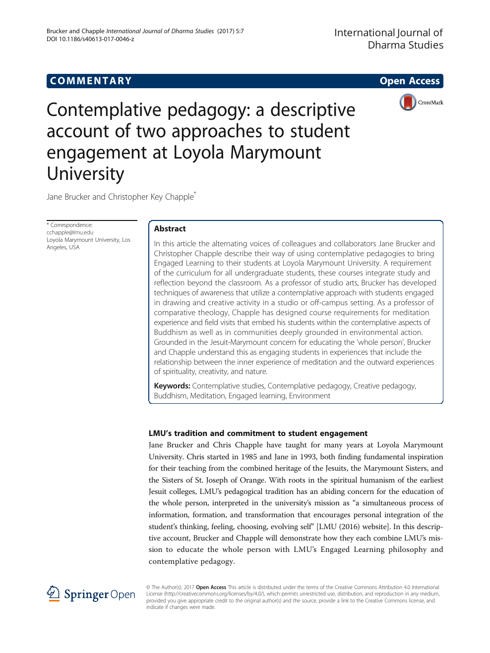 Contemplative pedagogy: a descriptive account of two approaches to student  engagement at Loyola Marymount University – topic of research paper in  Educational sciences. Download scholarly article PDF and read for free on