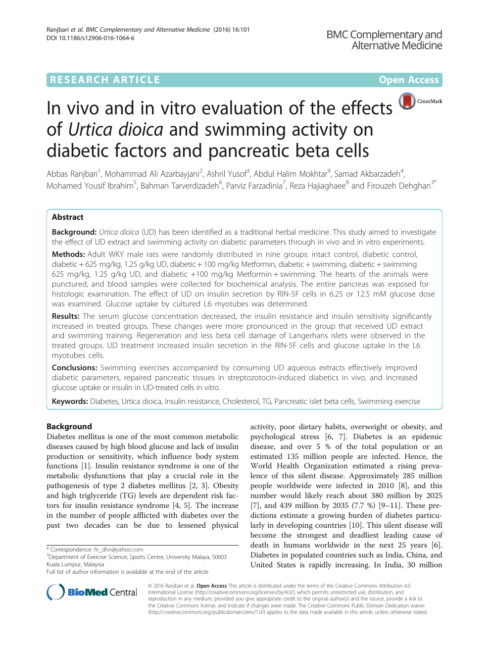 In Vivo And In Vitro Evaluation Of The Effects Of Urtica Dioica And Swimming Activity On Diabetic Factors And Pancreatic Beta Cells Topic Of Research Paper In Medical Engineering Download Scholarly