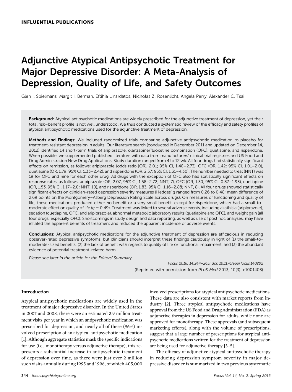 Adjunctive Atypical Antipsychotic Treatment For Major Depressive Disorder A Meta Analysis Of Depression Quality Of Life And Safety Outcomes Topic Of Research Paper In Clinical Medicine Download Scholarly Article Pdf And Read