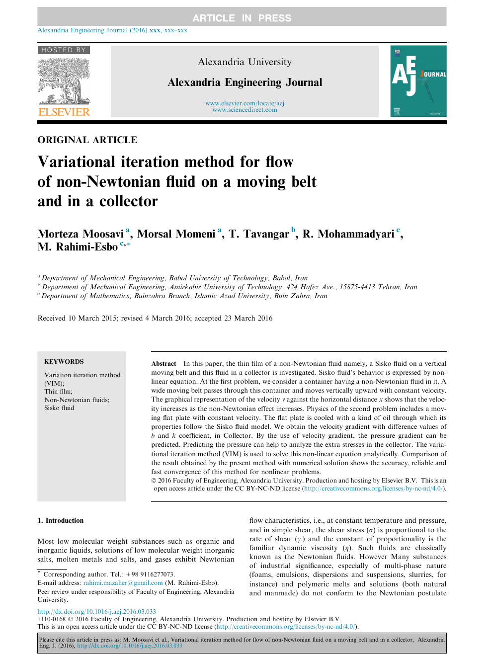 Variational Iteration Method For Flow Of Non Newtonian Fluid On A Moving Belt And In A Collector Topic Of Research Paper In Mathematics Download Scholarly Article Pdf And Read For Free On