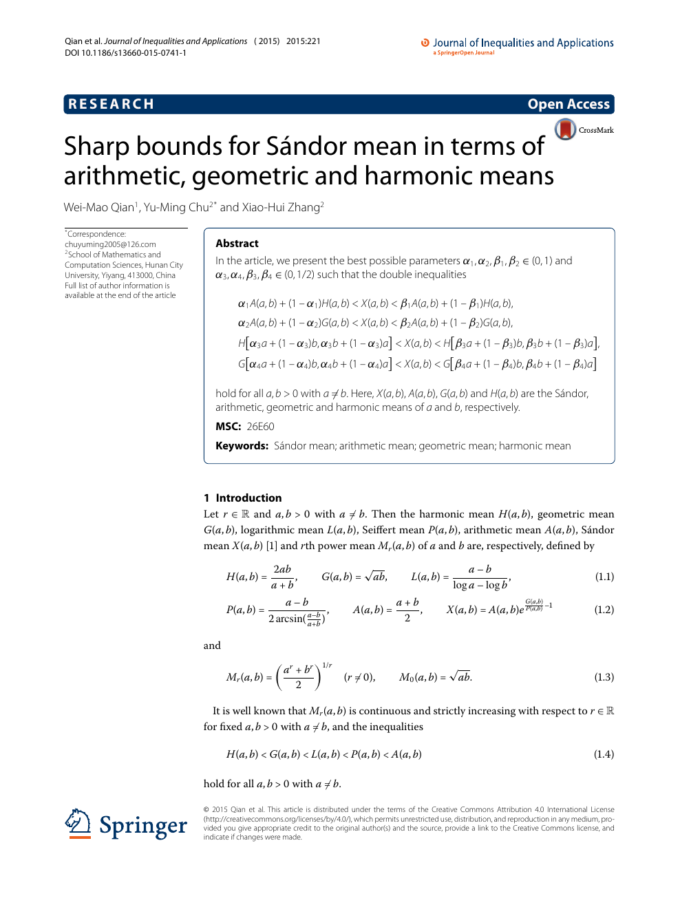 Sharp Bounds For Sandor Mean In Terms Of Arithmetic Geometric And Harmonic Means Topic Of Research Paper In Mathematics Download Scholarly Article Pdf And Read For Free On Cyberleninka Open Science