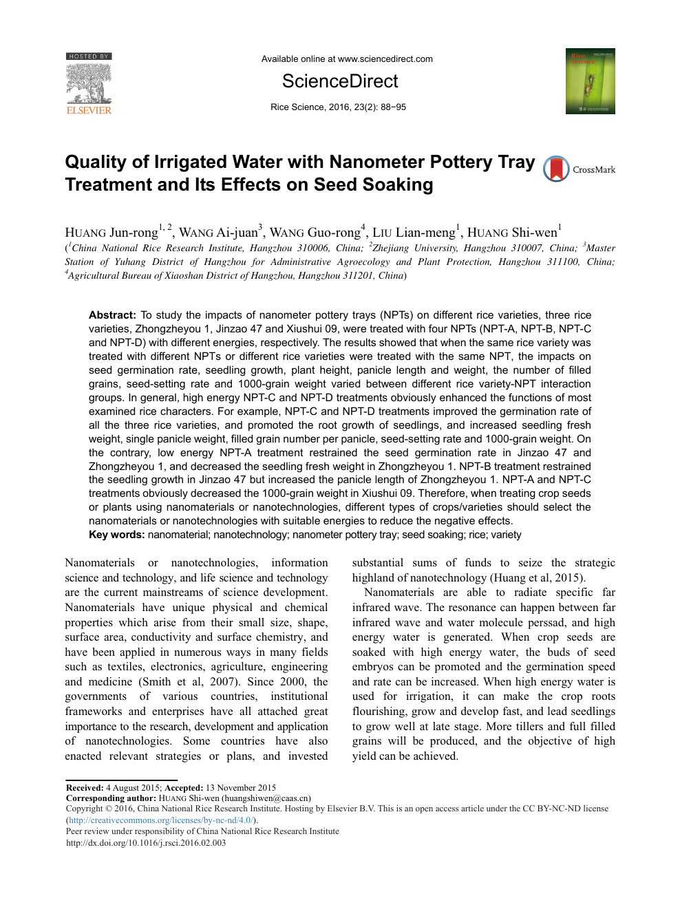 Quality Of Irrigated Water With Nanometer Pottery Tray Treatment And Its Effects On Seed Soaking Topic Of Research Paper In Agricultural Biotechnology Download Scholarly Article Pdf And Read For Free On