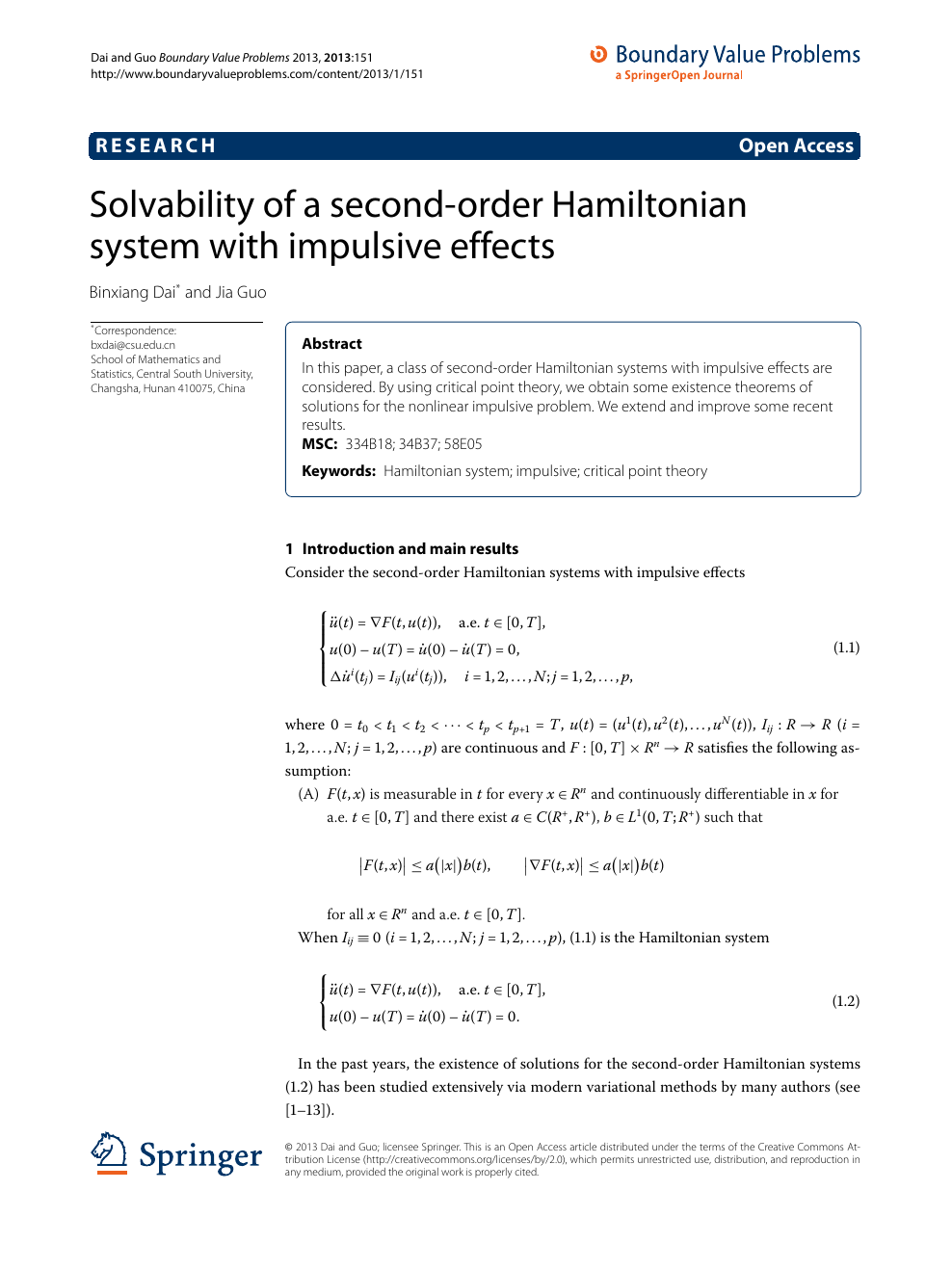 Solvability Of A Second Order Hamiltonian System With Impulsive Effects Topic Of Research Paper In Mathematics Download Scholarly Article Pdf And Read For Free On Cyberleninka Open Science Hub