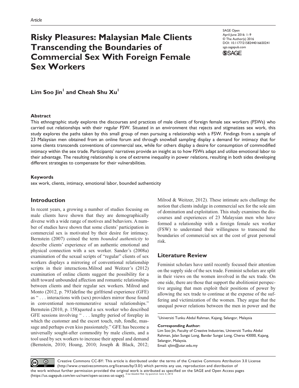 Risky Pleasures Malaysian Male Clients Transcending the Boundaries of Commercial Sex With Foreign Female Sex Workers
