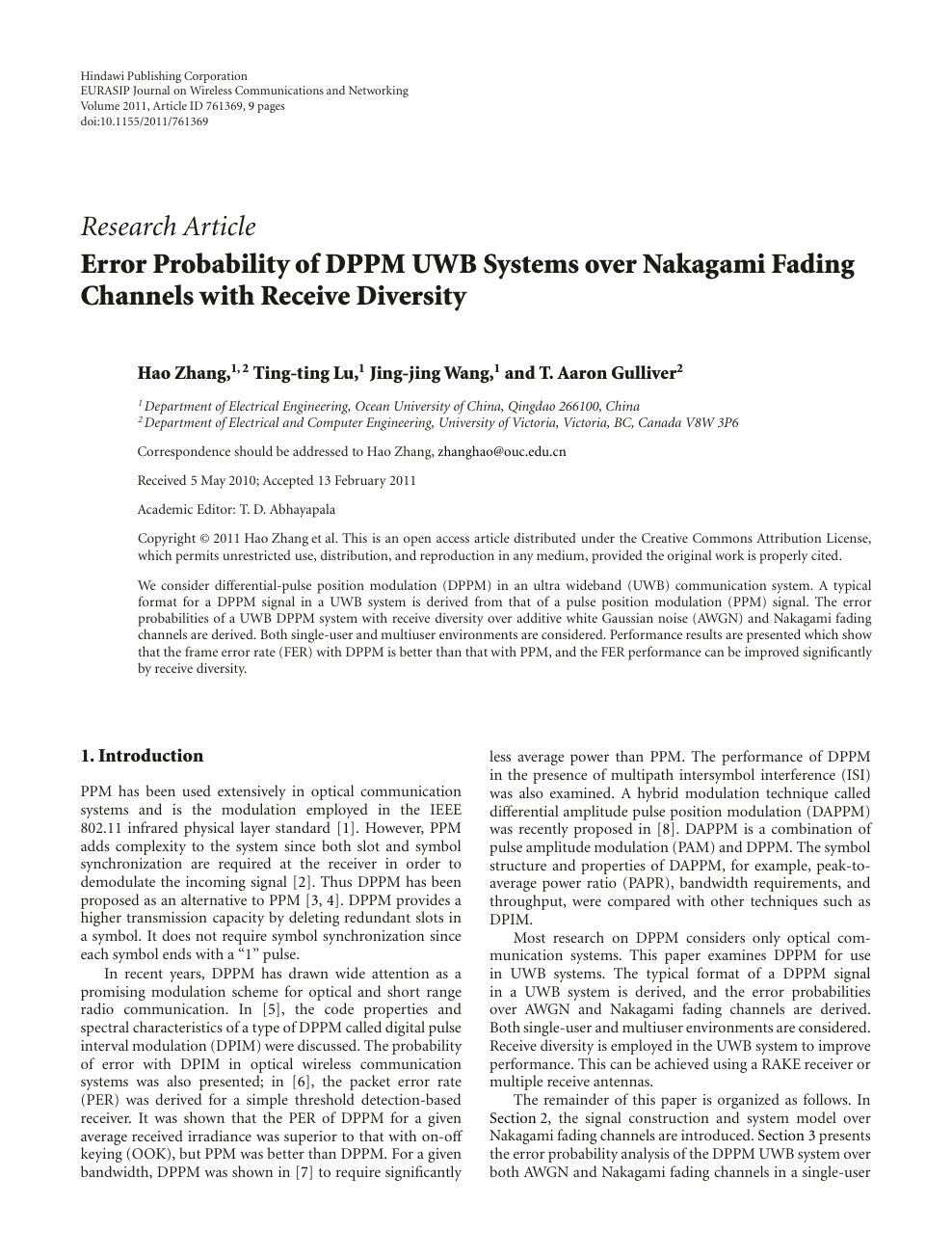 Error Probability Of Dppm Uwb Systems Over Nakagami Fading Channels With Receive Diversity Topic Of Research Paper In Computer And Information Sciences Download Scholarly Article Pdf And Read For Free On