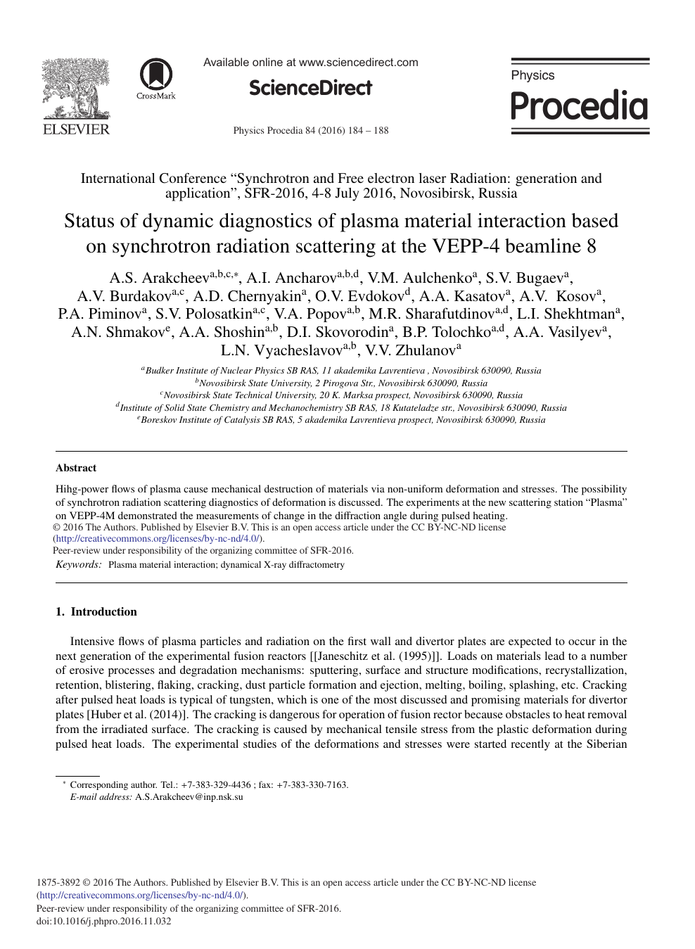 Status Of Dynamic Diagnostics Of Plasma Material Interaction Based On Synchrotron Radiation Scattering At The Vepp 4 Beamline 8 Topic Of Research Paper In Materials Engineering Download Scholarly Article Pdf And Read