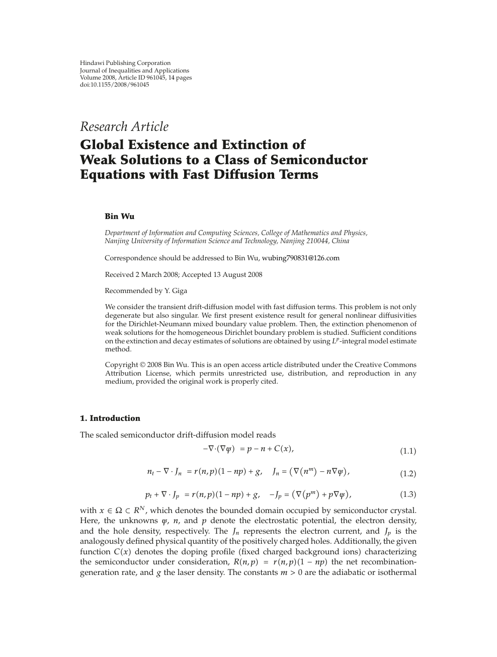 Global Existence And Extinction Of Weak Solutions To A Class Of Semiconductor Equations With Fast Diffusion Terms Topic Of Research Paper In Mathematics Download Scholarly Article Pdf And Read For Free