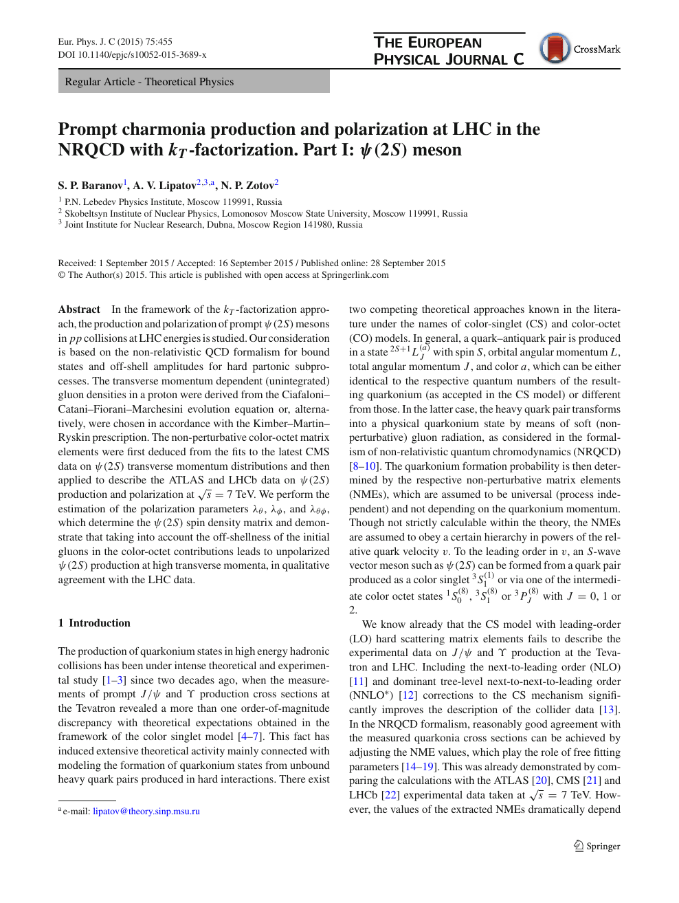 Prompt Charmonia Production And Polarization At Lhc In The Nrqcd With K T K T Factorization Part I Psi 2s Ps 2 S Meson Topic Of Research Paper In Physical