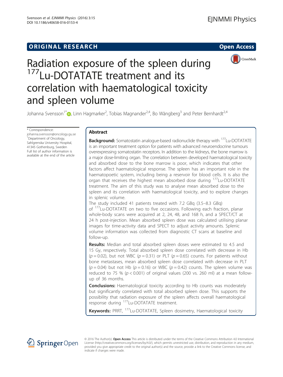 Radiation Exposure Of The Spleen During 177lu Dotatate Treatment And Its Correlation With Haematological Toxicity And Spleen Volume Topic Of Research Paper In Clinical Medicine Download Scholarly Article Pdf And Read For