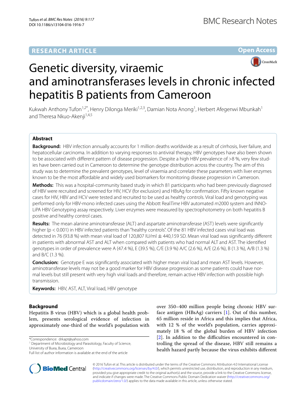 Genetic Diversity Viraemic And Aminotransferases Levels In Chronic Infected Hepatitis B Patients From Cameroon Topic Of Research Paper In Biological Sciences Download Scholarly Article Pdf And Read For Free On Cyberleninka