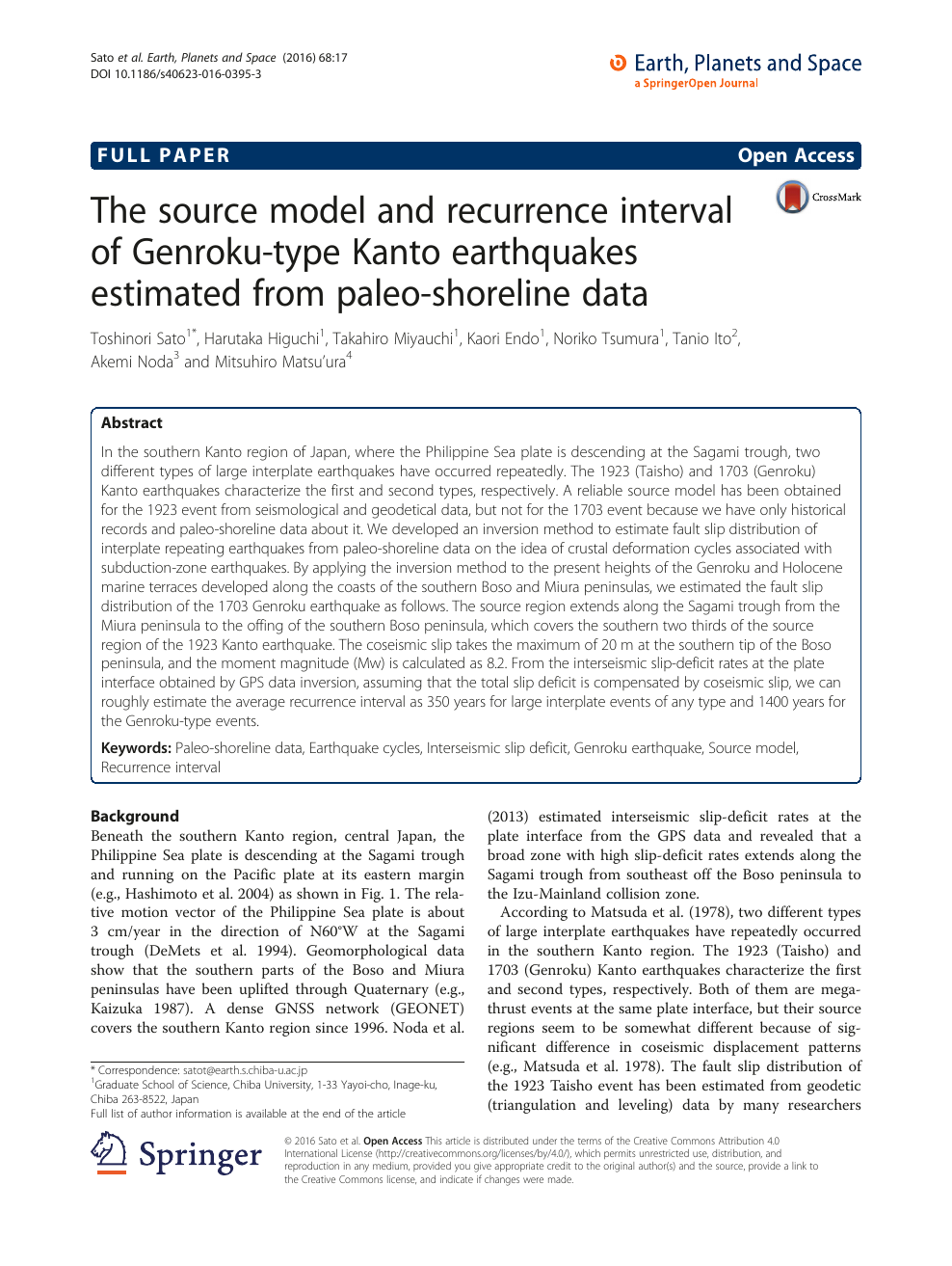 The Source Model And Recurrence Interval Of Genroku Type Kanto Earthquakes Estimated From Paleo Shoreline Data Topic Of Research Paper In Earth And Related Environmental Sciences Download Scholarly Article Pdf And Read For