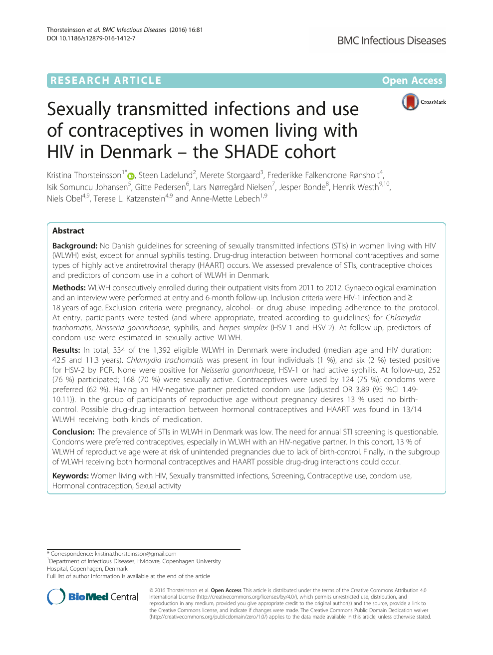 Sexually transmitted infections and use of contraceptives in women living with HIV in Denmark – the SHADE cohort