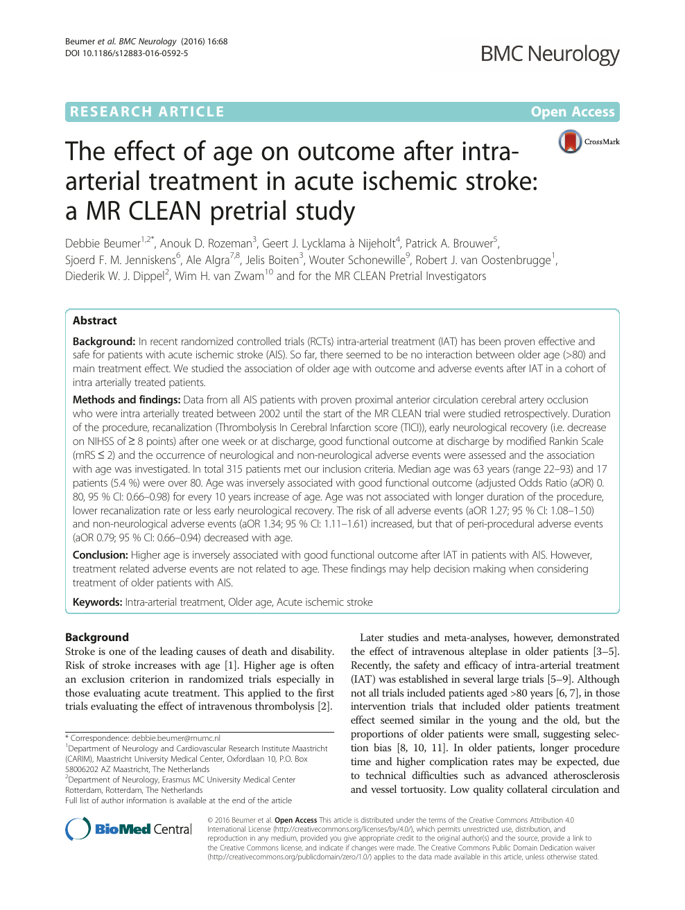 The Effect Of Age On Outcome After Intra Arterial Treatment In Acute Ischemic Stroke A Mr Clean Pretrial Study Topic Of Research Paper In Clinical Medicine Download Scholarly Article Pdf And Read