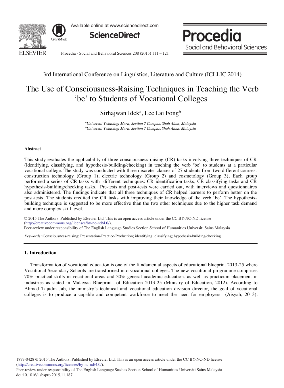 The Use Of Consciousness Raising Techniques In Teaching The Verb Be To Students Of Vocational Colleges Topic Of Research Paper In Languages And Literature Download Scholarly Article Pdf And Read For Free