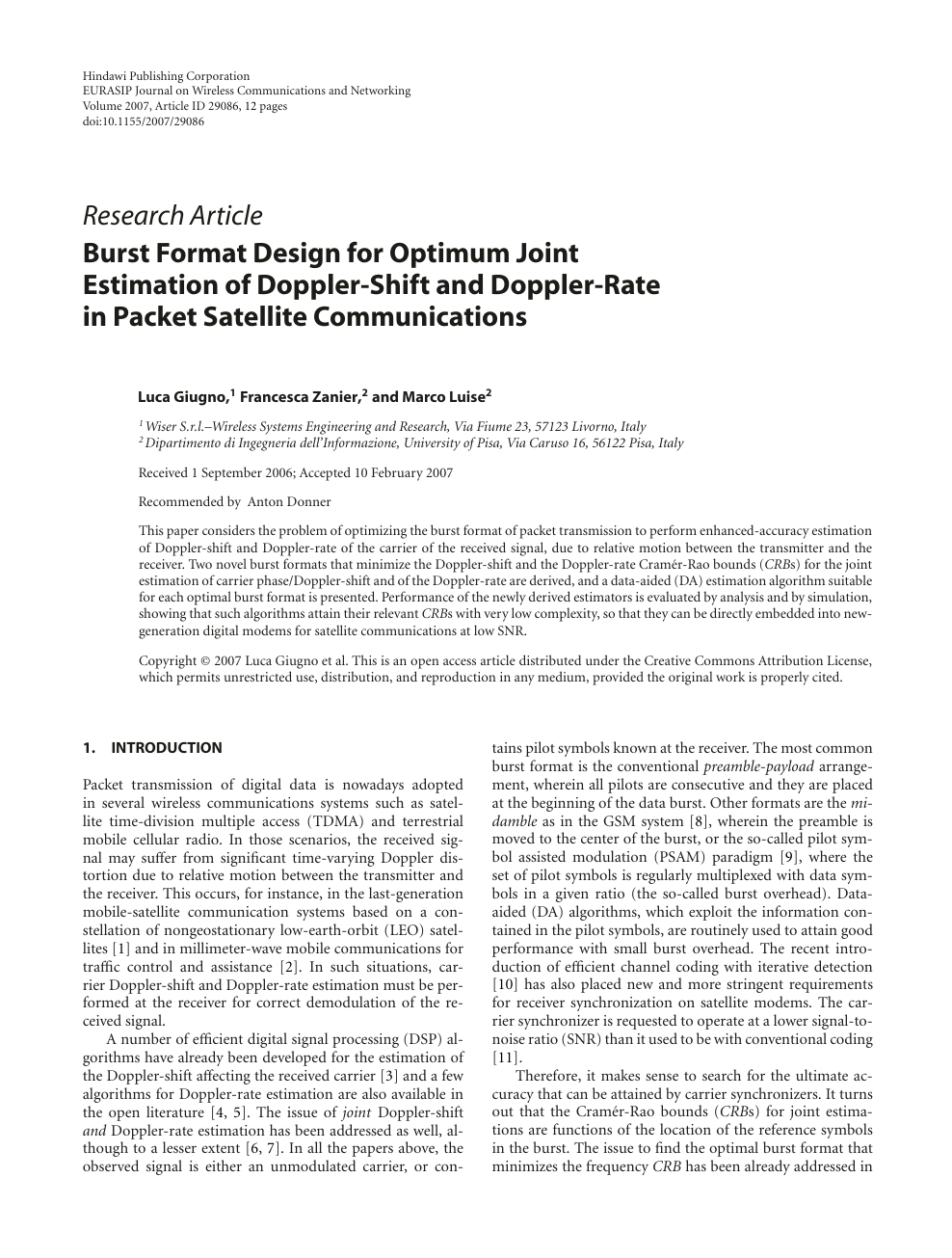 Burst Format Design For Optimum Joint Estimation Of Doppler Shift And Doppler Rate In Packet Satellite Communications Topic Of Research Paper In Electrical Engineering Electronic Engineering Information Engineering Download Scholarly Article Pdf And