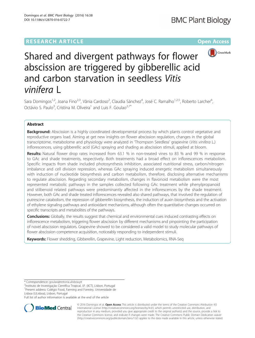 Shared And Divergent Pathways For Flower Abscission Are Triggered By Gibberellic Acid And Carbon Starvation In Seedless Vitis Vinifera L Topic Of Research Paper In Biological Sciences Download Scholarly Article Pdf