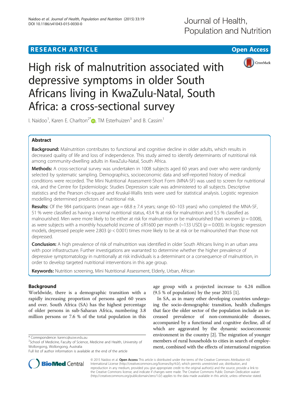 High Risk Of Malnutrition Associated With Depressive Symptoms