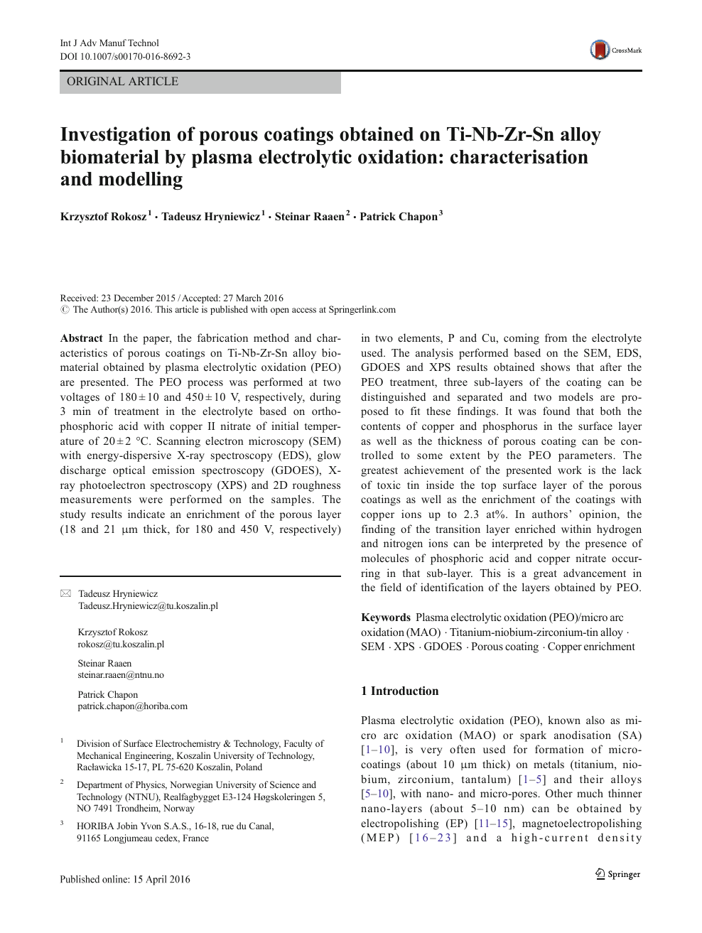 Investigation Of Porous Coatings Obtained On Ti Nb Zr Sn Alloy Biomaterial By Plasma Electrolytic Oxidation Characterisation And Modelling Topic Of Research Paper In Chemical Sciences Download Scholarly Article Pdf And Read For Free