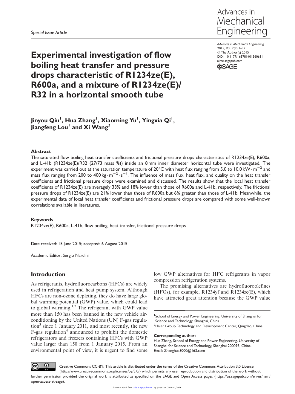 Experimental Investigation Of Flow Boiling Heat Transfer And Pressure Drops Characteristic Of R1234ze E R600a And A Mixture Of R1234ze E R32 In A Horizontal Smooth Tube Topic Of Research Paper In Mechanical Engineering
