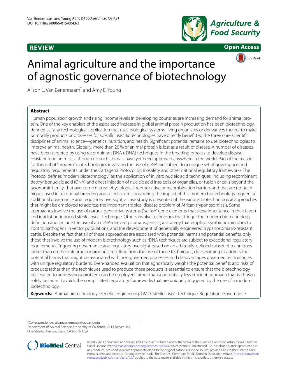Animal agriculture and the importance of agnostic governance of  biotechnology – topic of research paper in Veterinary science. Download  scholarly article PDF and read for free on CyberLeninka open science hub.
