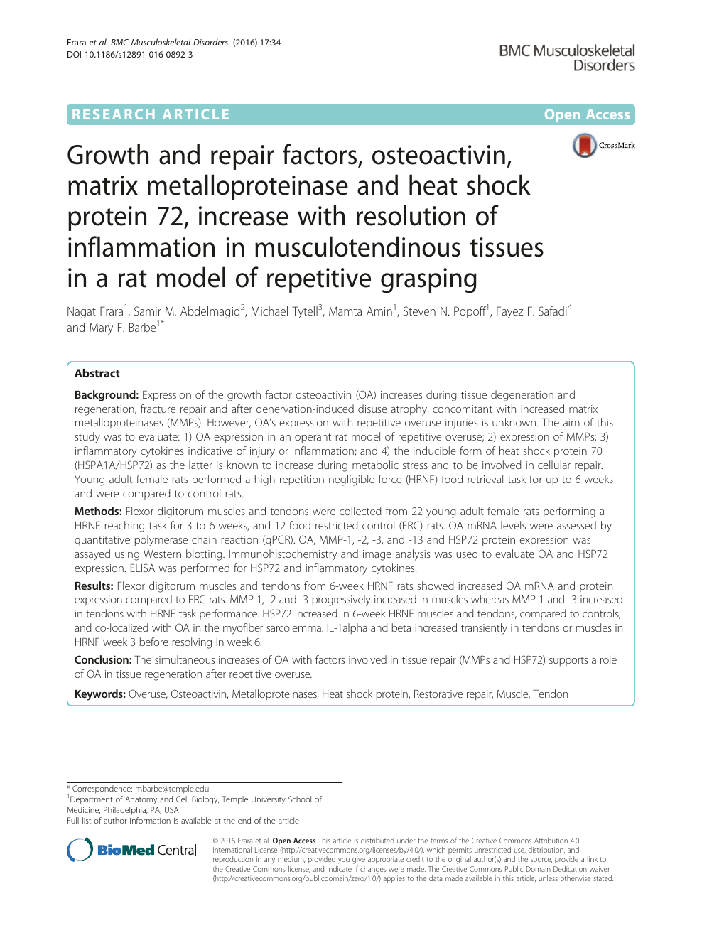 Growth And Repair Factors Osteoactivin Matrix Metalloproteinase And Heat Shock Protein 72 Increase With Resolution Of Inflammation In Musculotendinous Tissues In A Rat Model Of Repetitive Grasping Topic Of Research Paper