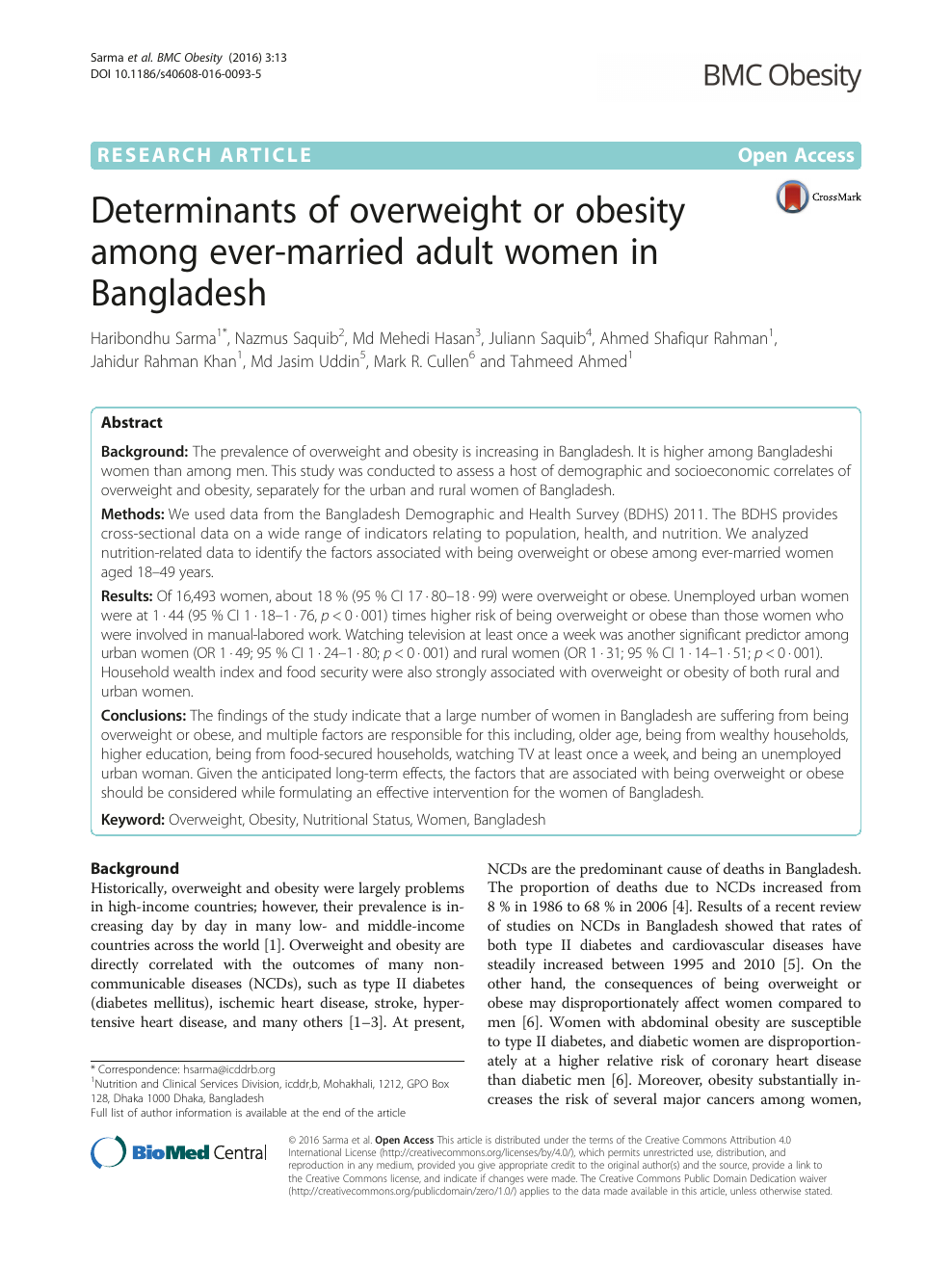 Determinants of overweight or obesity among ever-married adult women in Bangladesh image