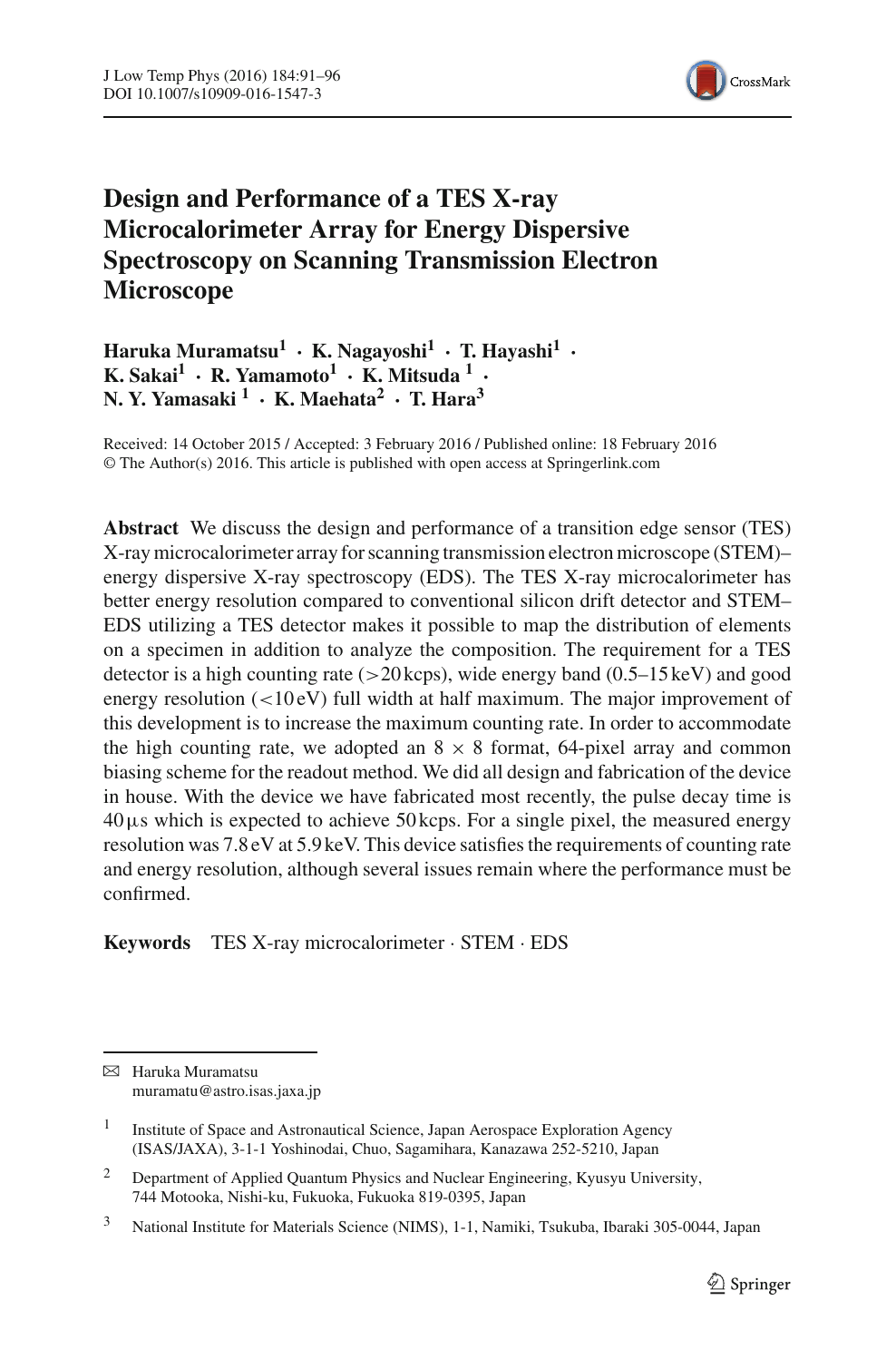 Design And Performance Of A Tes X Ray Microcalorimeter Array For Energy Dispersive Spectroscopy On Scanning Transmission Electron Microscope Topic Of Research Paper In Nano Technology Download Scholarly Article Pdf And Read For