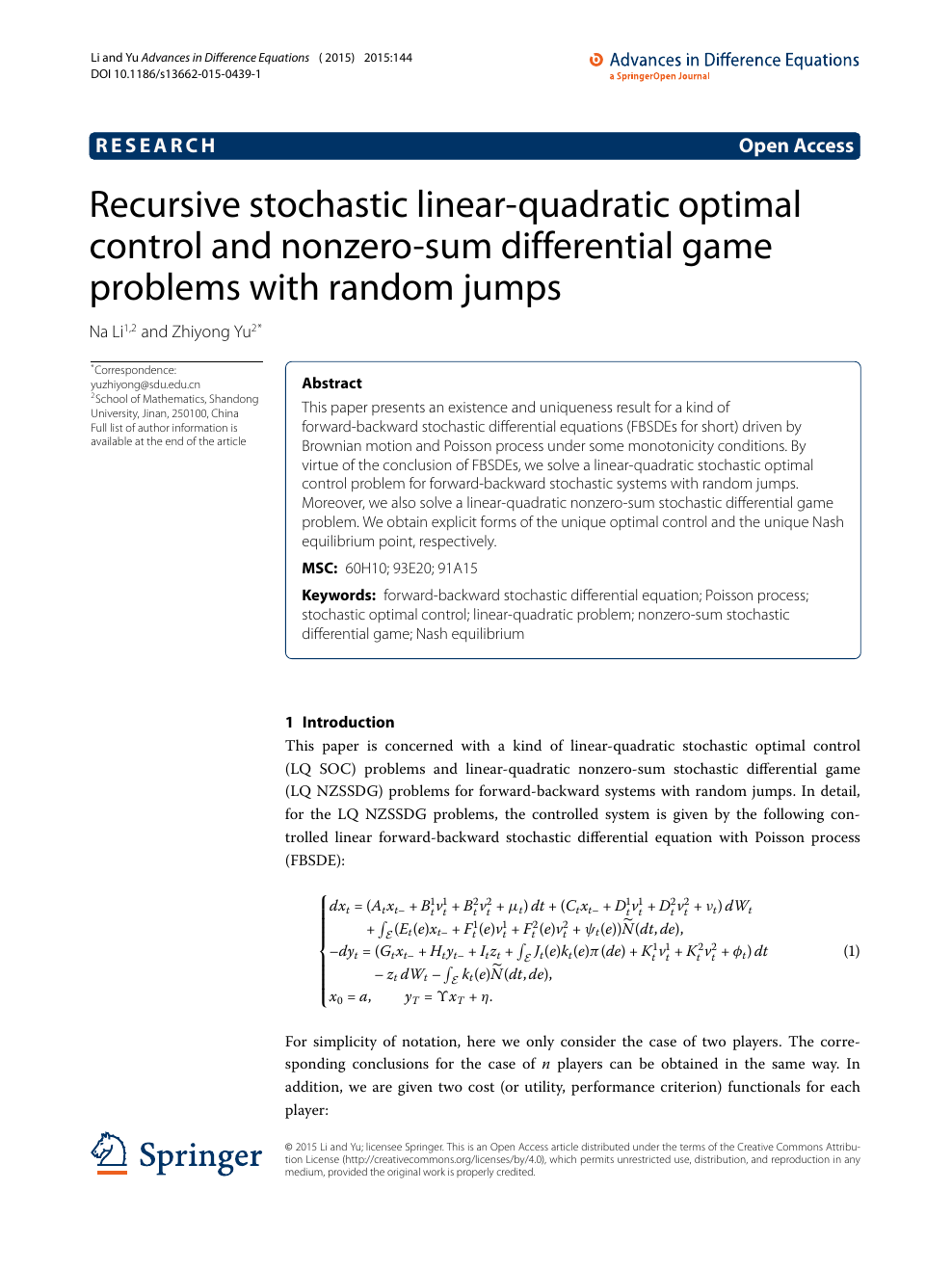Recursive Stochastic Linear Quadratic Optimal Control And Nonzero Sum Differential Game Problems With Random Jumps Topic Of Research Paper In Mathematics Download Scholarly Article Pdf And Read For Free On Cyberleninka Open Science