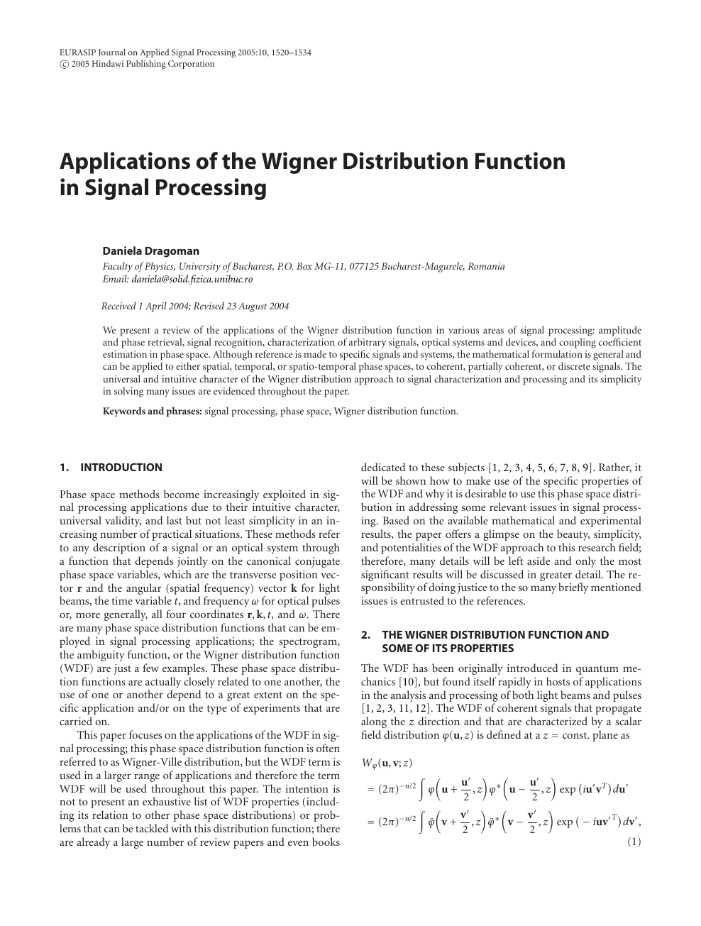 Applications Of The Wigner Distribution Function In Signal