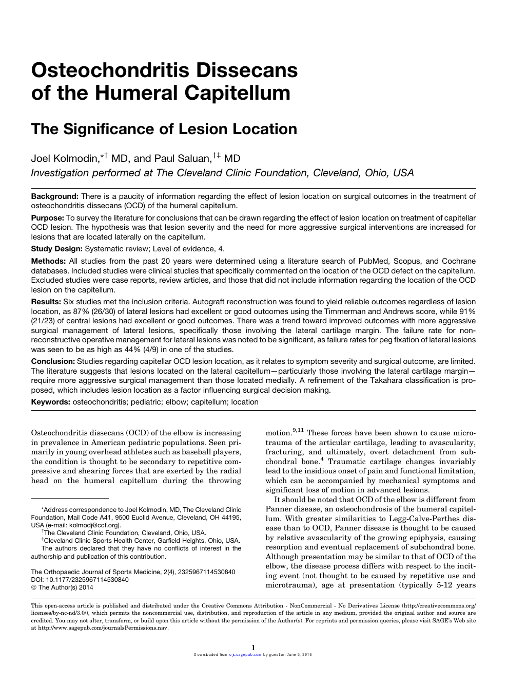 Osteochondritis Dissecans of the Humeral Capitellum: The