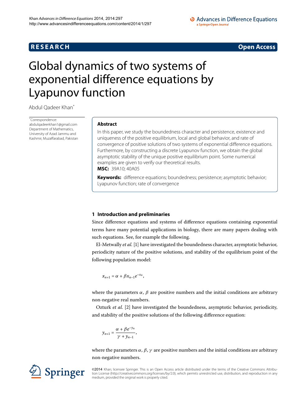 Global Dynamics Of Two Systems Of Exponential Difference Equations By Lyapunov Function Topic Of Research Paper In Mathematics Download Scholarly Article Pdf And Read For Free On Cyberleninka Open Science Hub