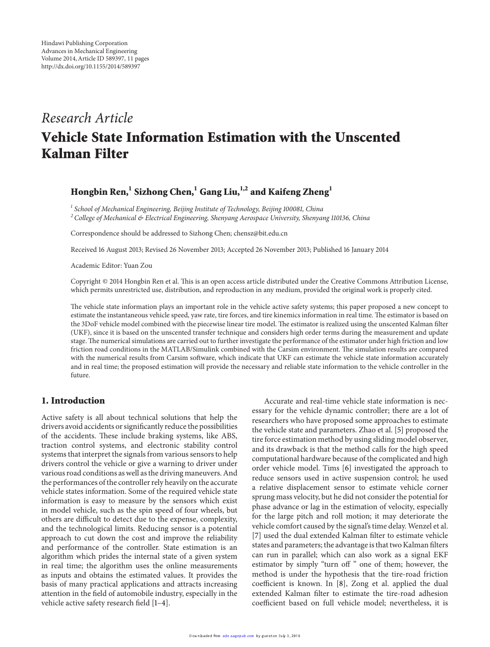 Vehicle State Information Estimation With The Unscented Kalman Filter Topic Of Research Paper In Mechanical Engineering Download Scholarly Article Pdf And Read For Free On Cyberleninka Open Science Hub