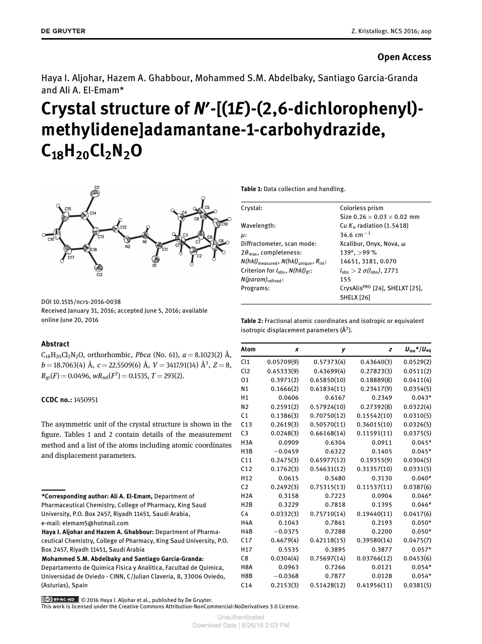 Crystal Structure Of N 1e 2 6 Dichlorophenyl Methylidene Adamantane 1 Carbohydrazide C18hcl2n2o Topic Of Research Paper In Chemical Sciences Download Scholarly Article Pdf And Read For Free On Cyberleninka Open Science Hub