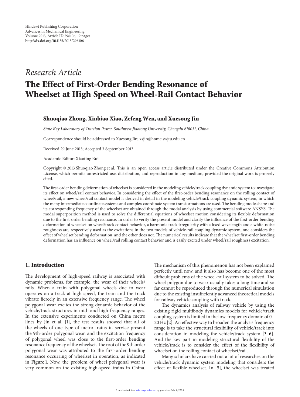 The Effect Of First Order Bending Resonance Of Wheelset At High Speed On Wheel Rail Contact Behavior Topic Of Research Paper In Mechanical Engineering Download Scholarly Article Pdf And Read For Free On