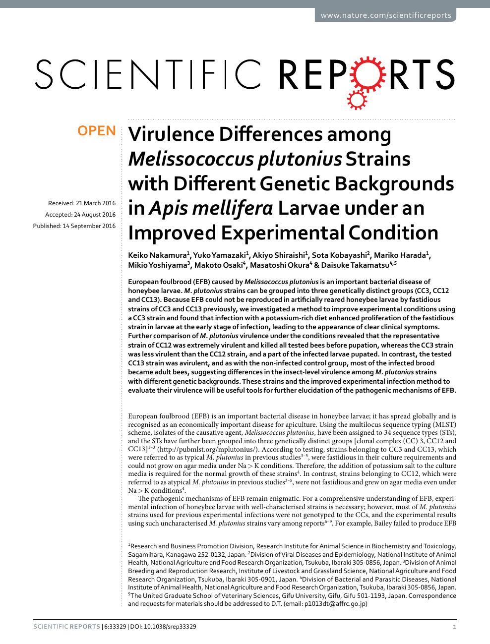 Virulence Differences Among Melissococcus Plutonius Strains With Different Genetic Backgrounds In Apis Mellifera Larvae Under An Improved Experimental Condition Topic Of Research Paper In Biological Sciences Download Scholarly Article Pdf And