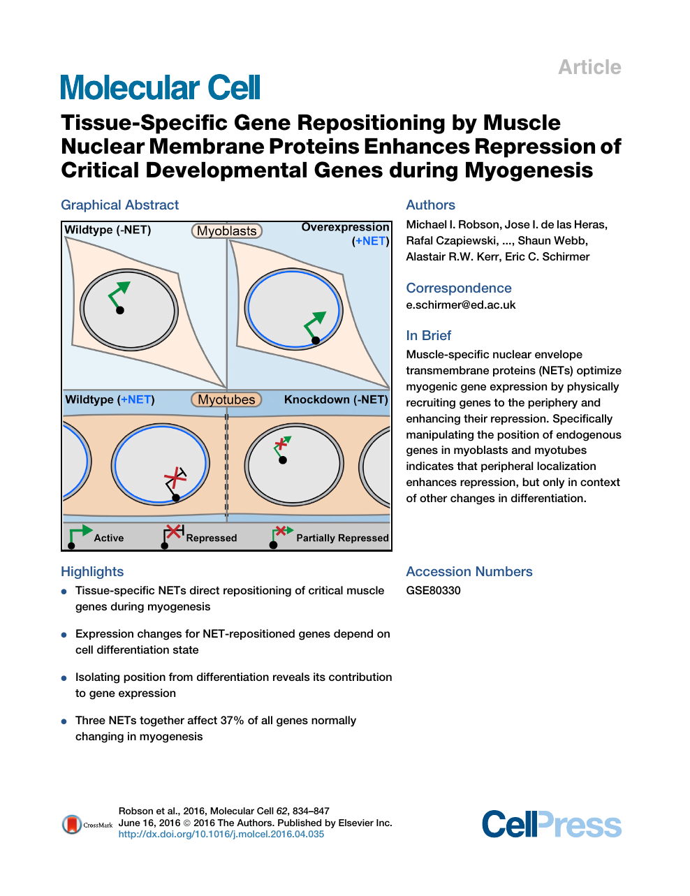 Tissue Specific Gene Repositioning By Muscle Nuclear Membrane Proteins Enhances Repression Of Critical Developmental Genes During Myogenesis Topic Of Research Paper In Biological Sciences Download Scholarly Article Pdf And Read For Free