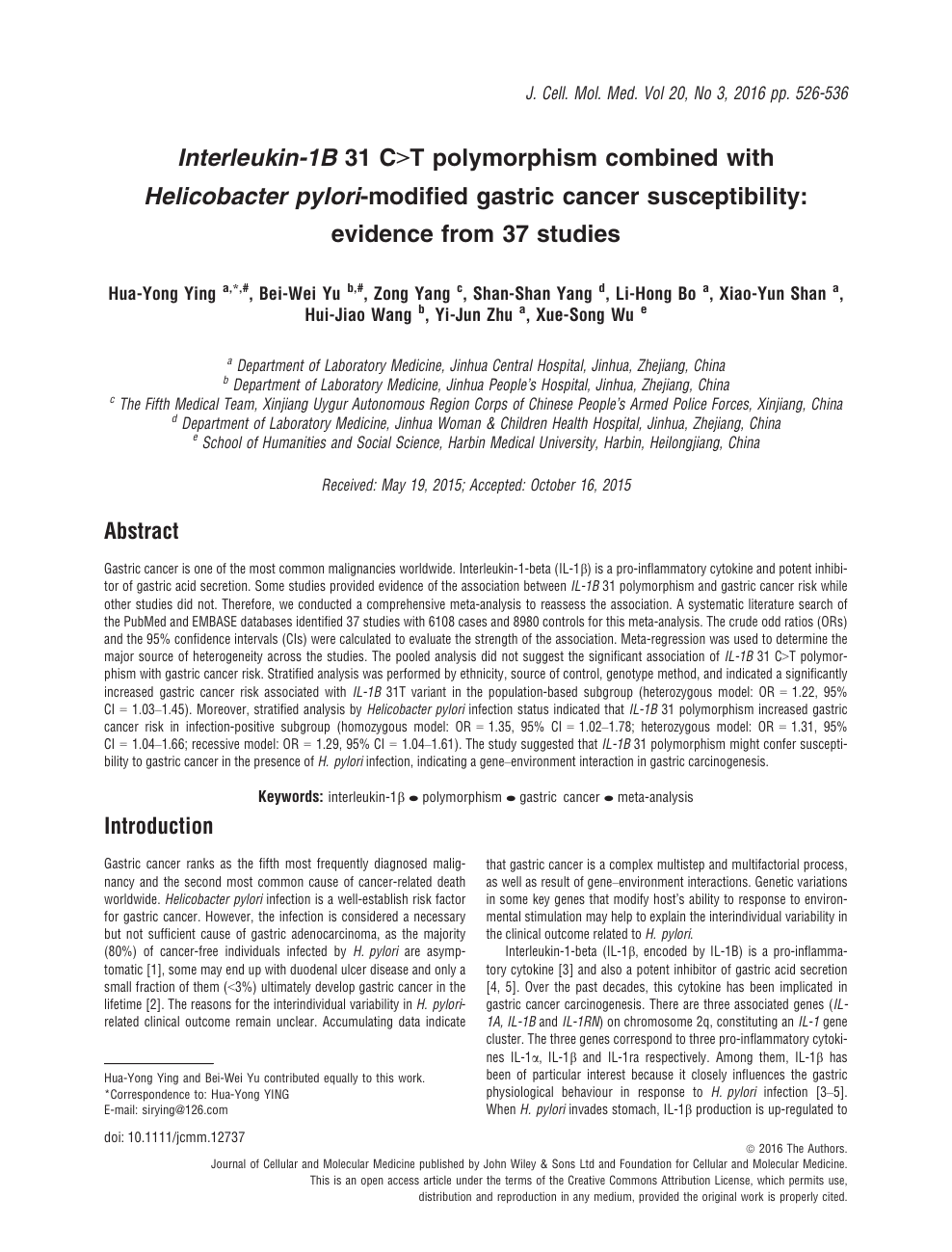 Interleukin 1b 31 C T Polymorphism Combined With Helicobacter Pylori Modified Gastric Cancer Susceptibility Evidence From 37 Studies Topic Of Research Paper In Biological Sciences Download Scholarly Article Pdf And Read For Free