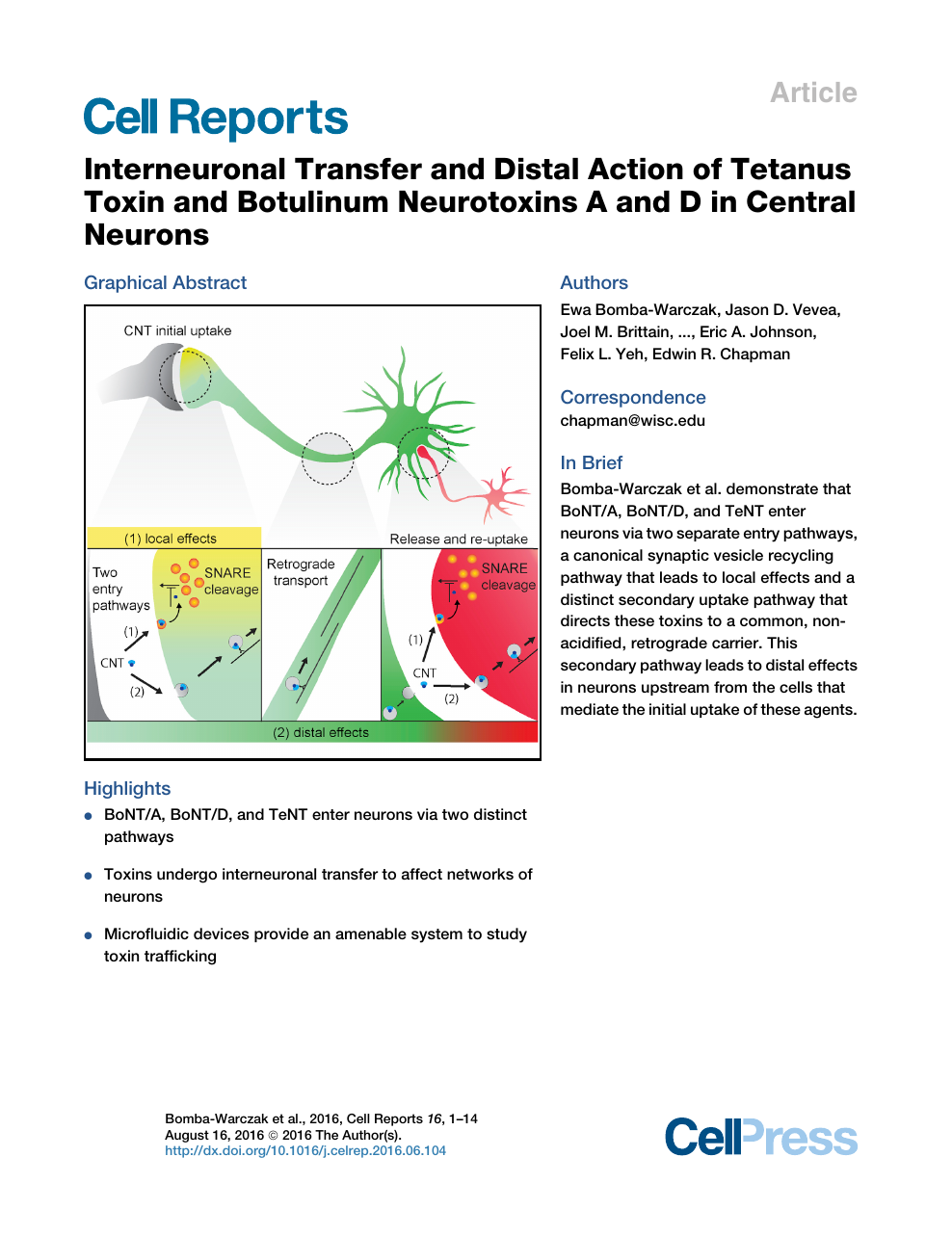 Interneuronal Transfer and Distal Action of Tetanus Toxin and