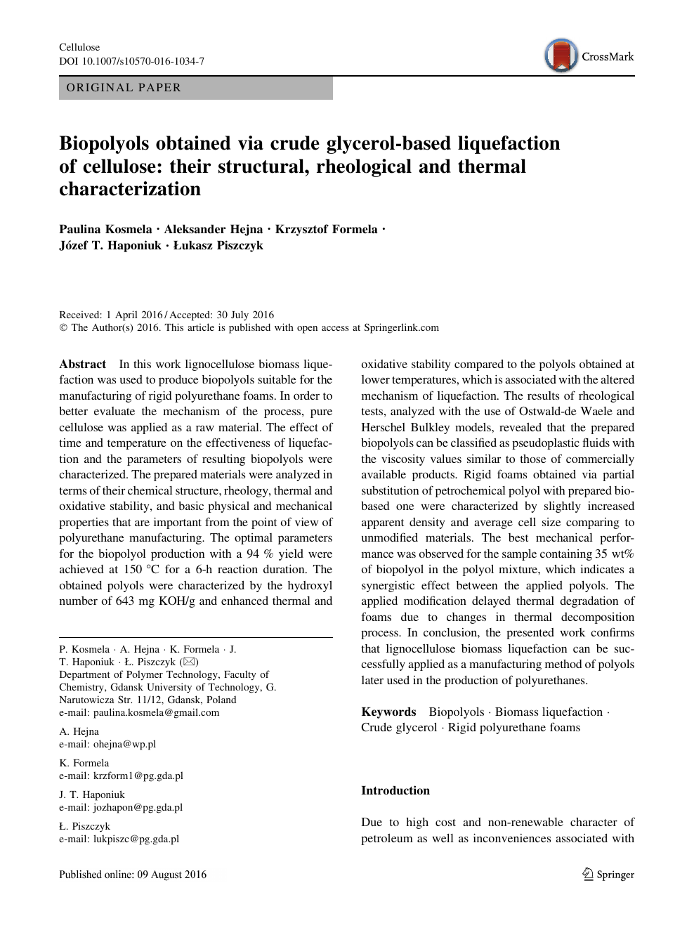 Biopolyols Obtained Via Crude Glycerol Based Liquefaction Of Cellulose Their Structural Rheological And Thermal Characterization Topic Of Research Paper In Chemical Sciences Download Scholarly Article Pdf And Read For Free On Cyberleninka