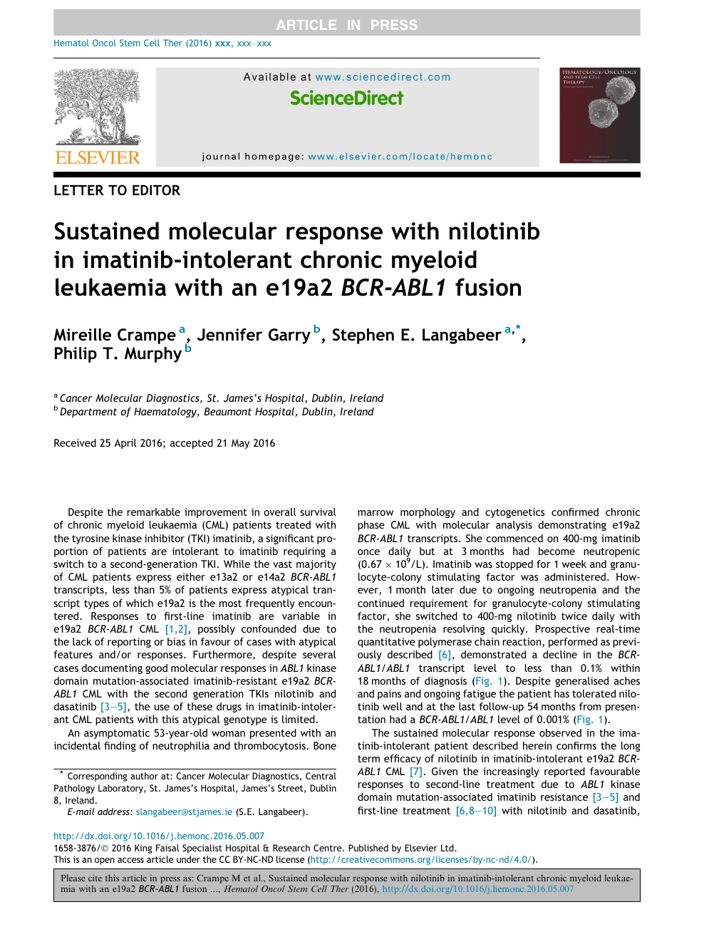 Sustained Molecular Response With Nilotinib In Imatinib Intolerant Chronic Myeloid Leukaemia With An E19a2 r Abl1 Fusion Topic Of Research Paper In Clinical Medicine Download Scholarly Article Pdf And Read For Free On