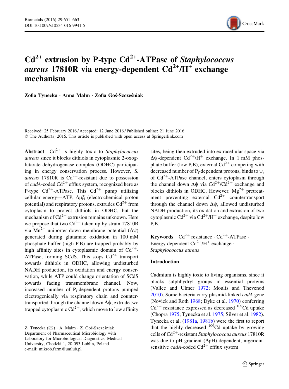 Cd2 Extrusion By P Type Cd2 Atpase Of Staphylococcus Aureus r Via Energy Dependent Cd2 H Exchange Mechanism Topic Of Research Paper In Biological Sciences Download Scholarly Article Pdf And Read For Free On Cyberleninka