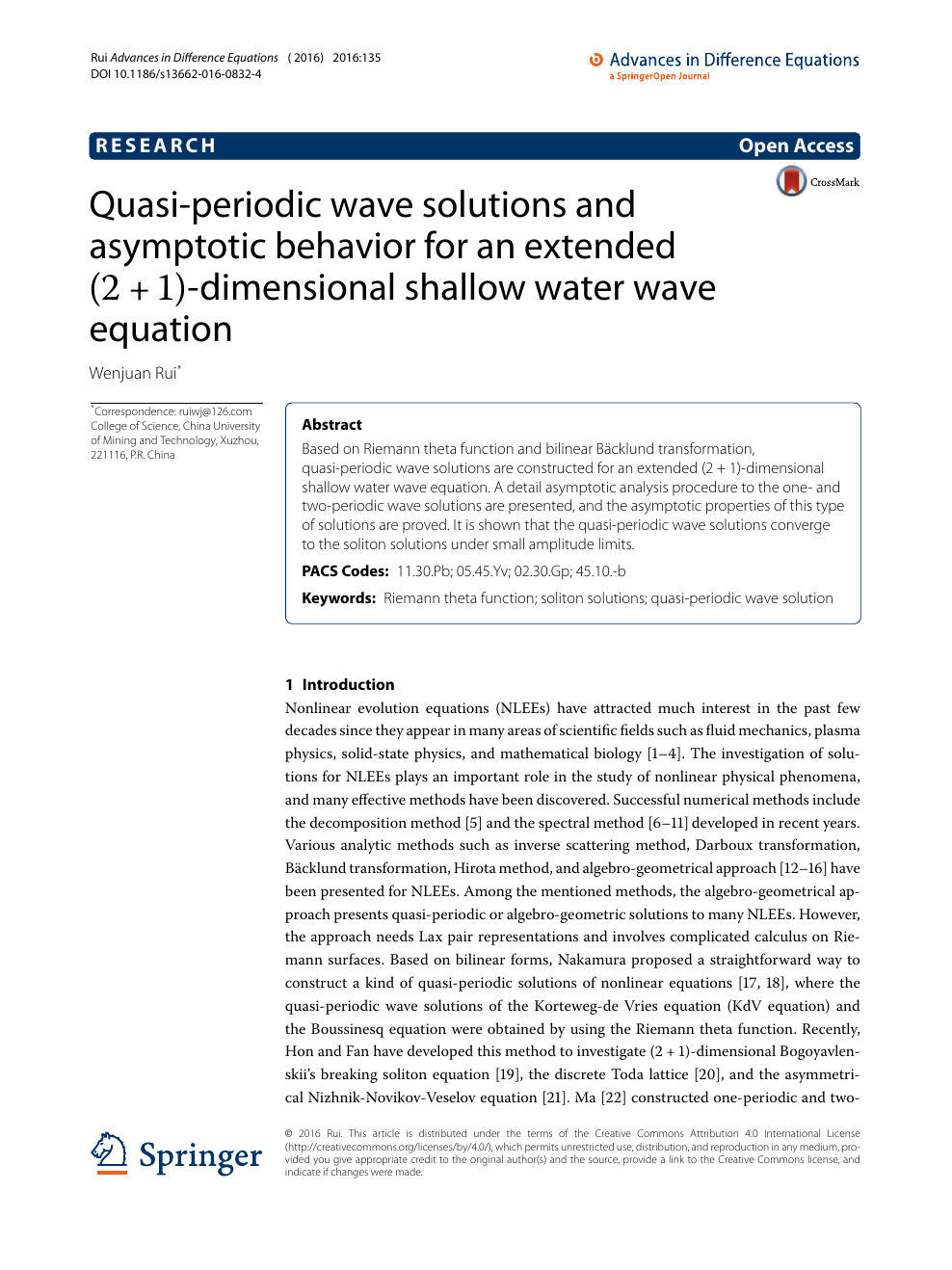 Quasi Periodic Wave Solutions And Asymptotic Behavior For An Extended 2 1 2 1 Dimensional Shallow Water Wave Equation Topic Of Research Paper In Mathematics Download Scholarly Article Pdf And